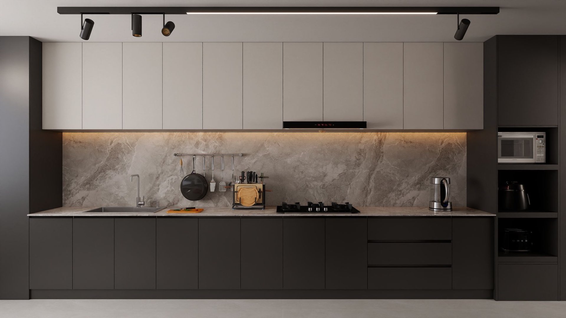 Kitchen — charcoal cabinetry & marble backsplash