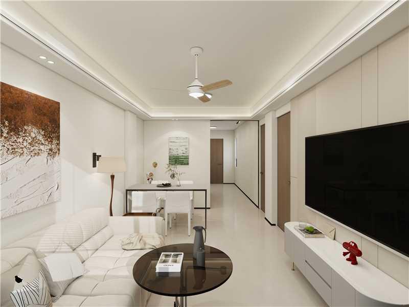 Living — TV console, dining beyond