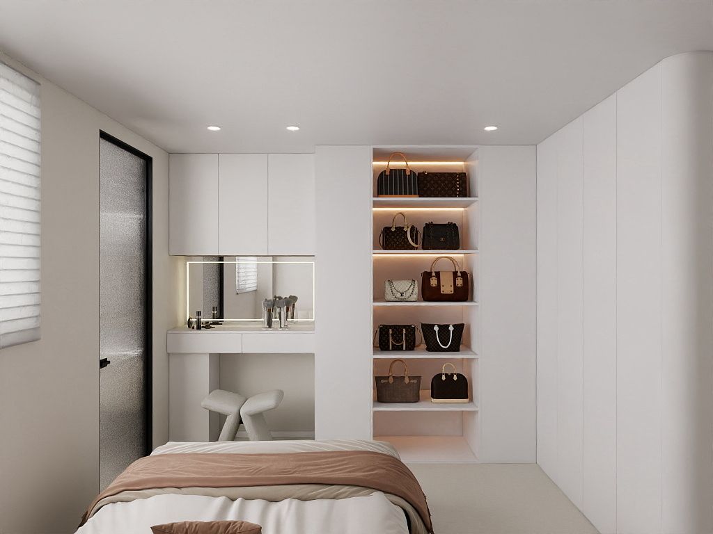 Primary bedroom — vanity & lit bag display