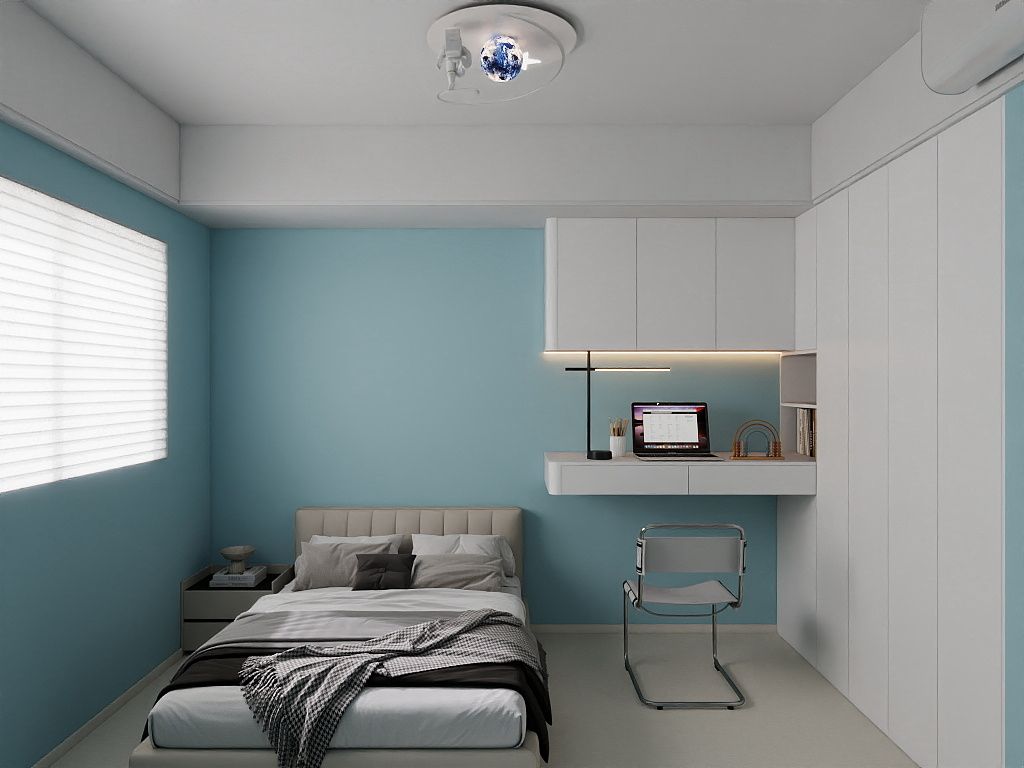 Second bedroom — blue accent wall & floating desk