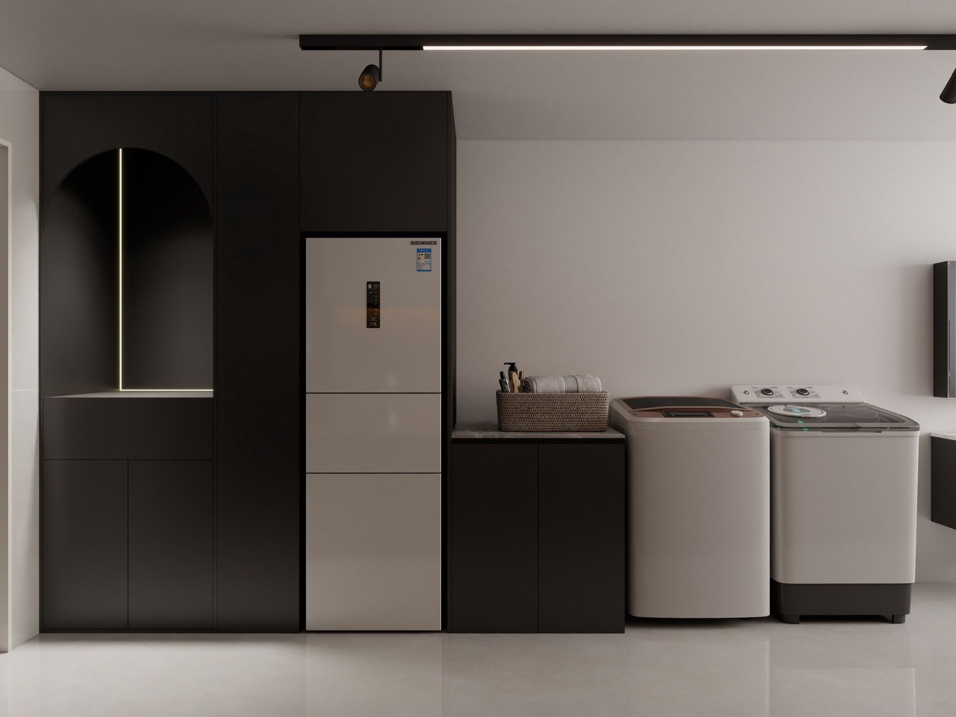 Service yard — dark cabinetry, fridge & laundry