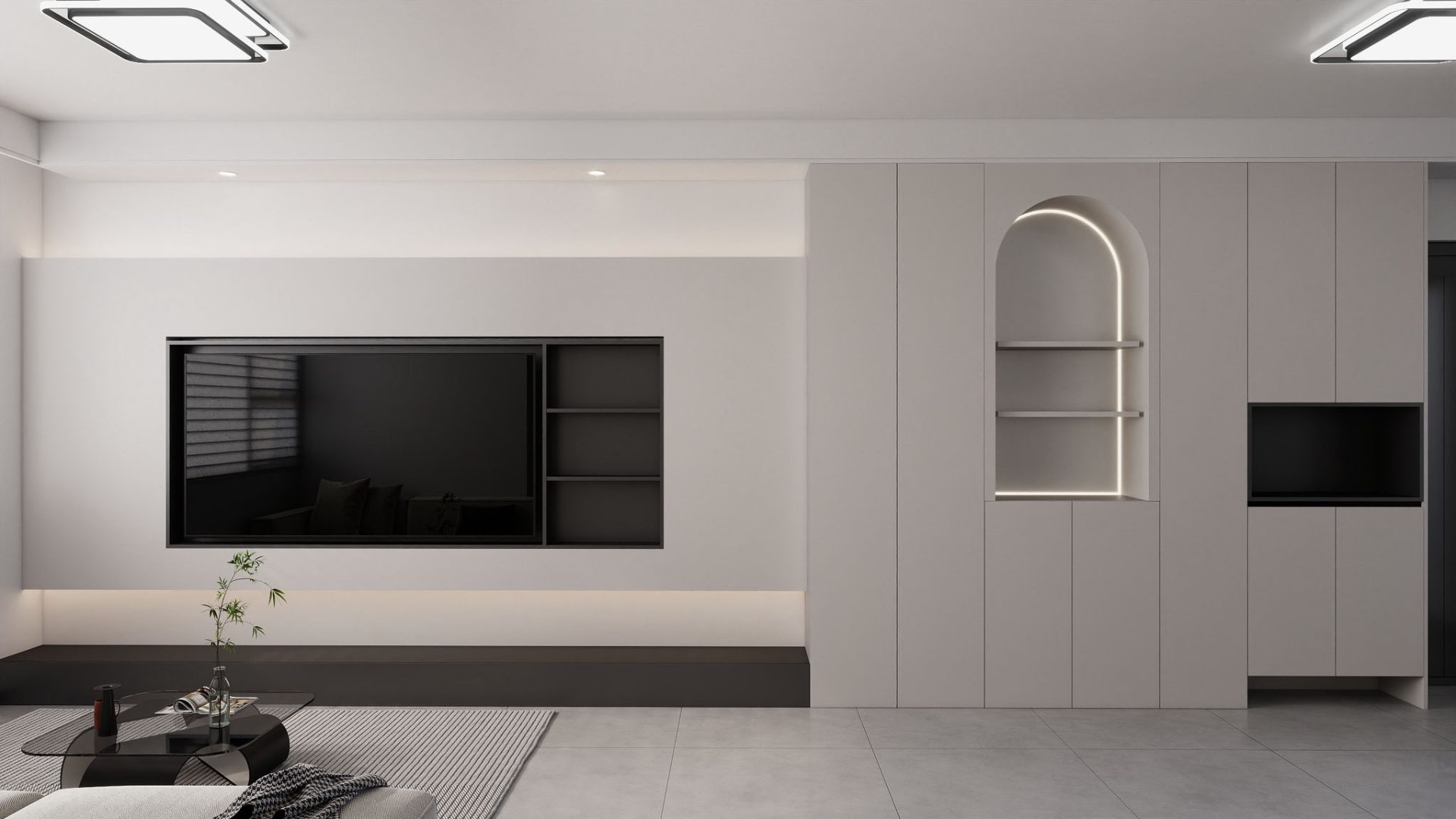Living — TV wall, arched alcove & cabinetry