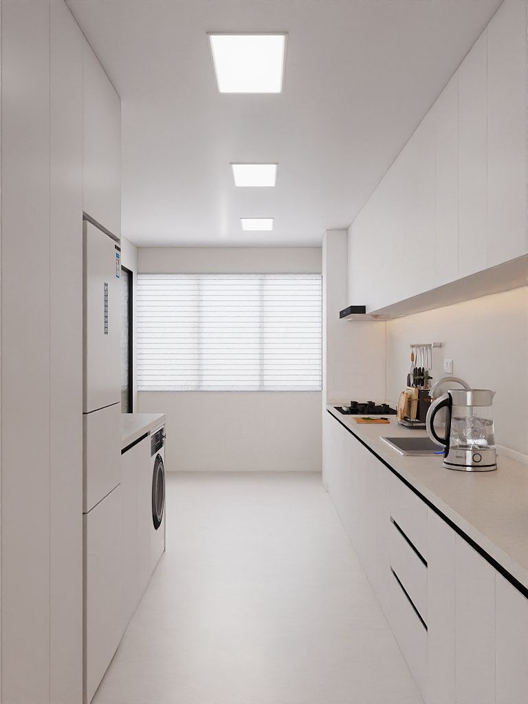 Kitchen — galley view with washer & fridge