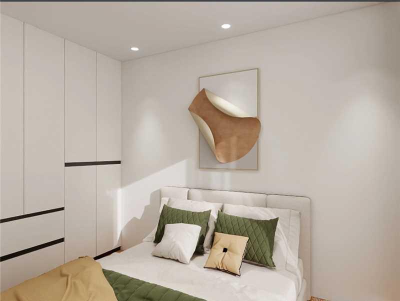 Primary bedroom — sculptural art & sage accents