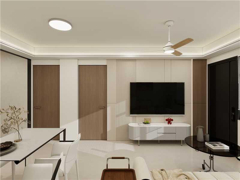 Living — fluted TV wall & timber doors
