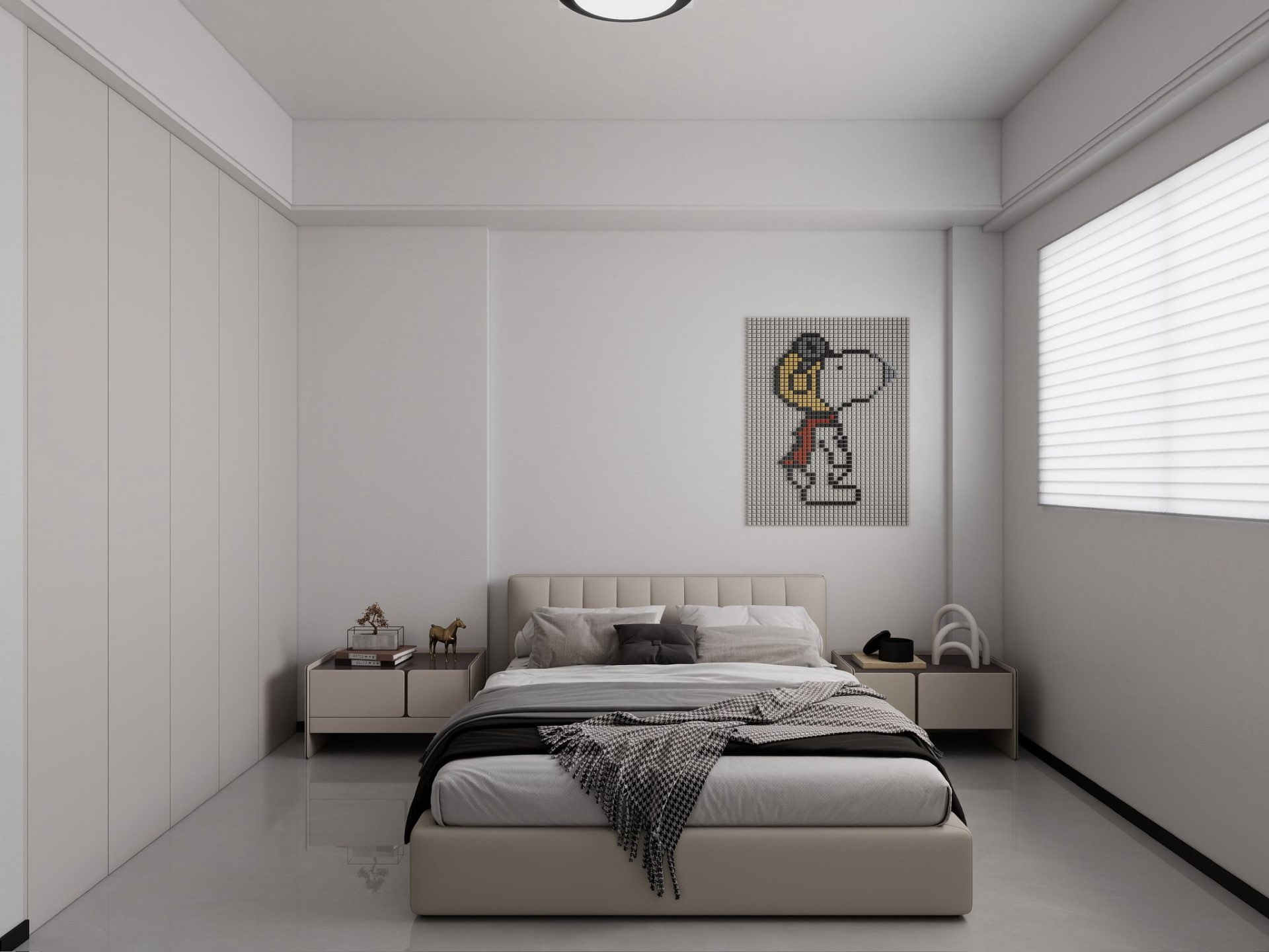 Bedroom — leather bed, pixel art accent wall