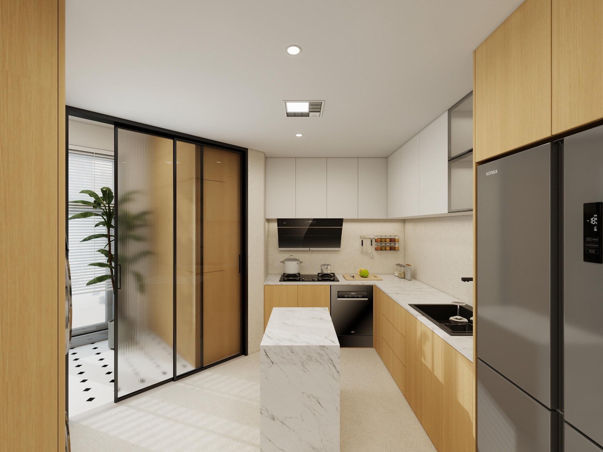 Kitchen — marble island, full view