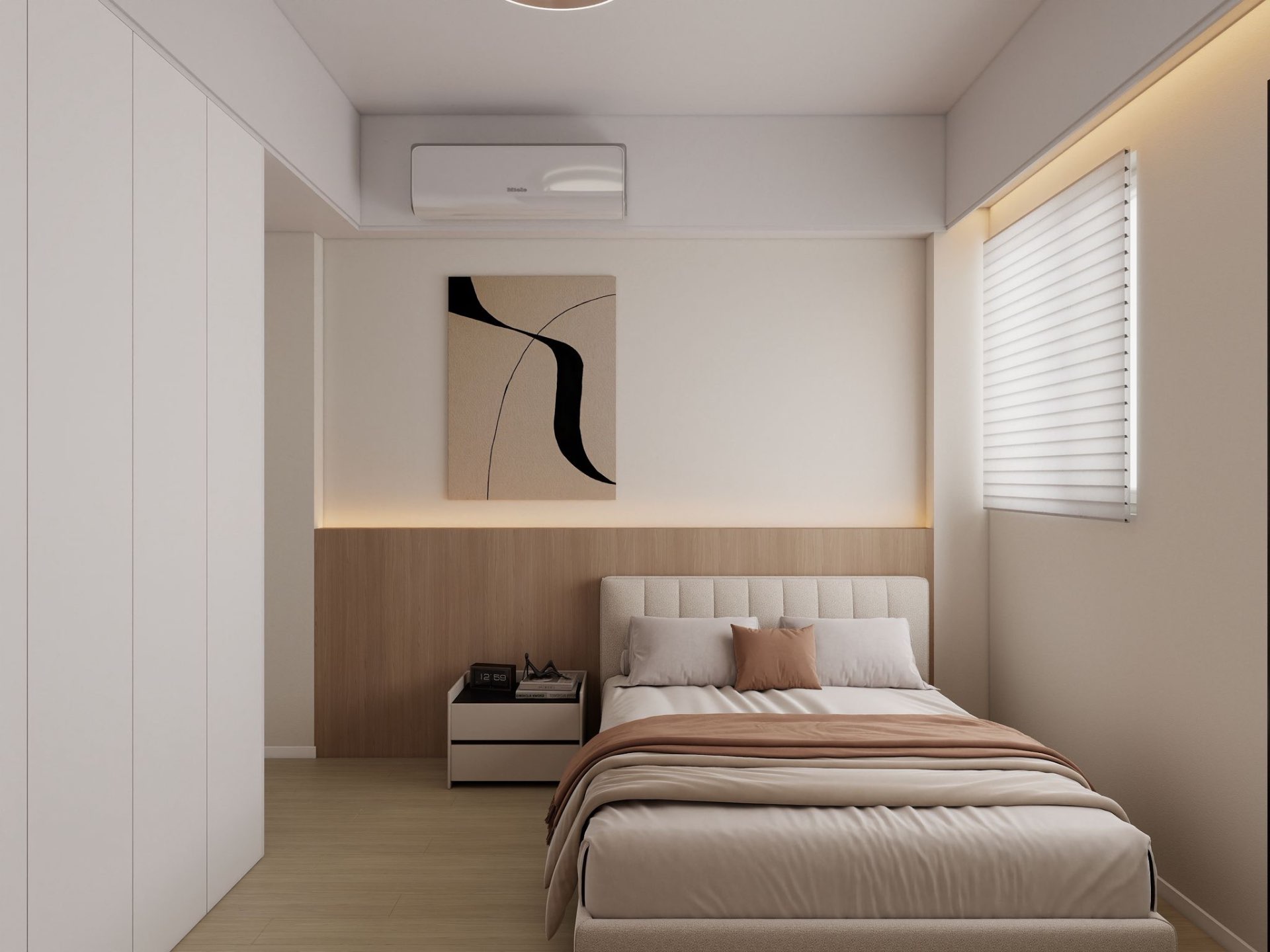 Primary bedroom — oak headboard & abstract art