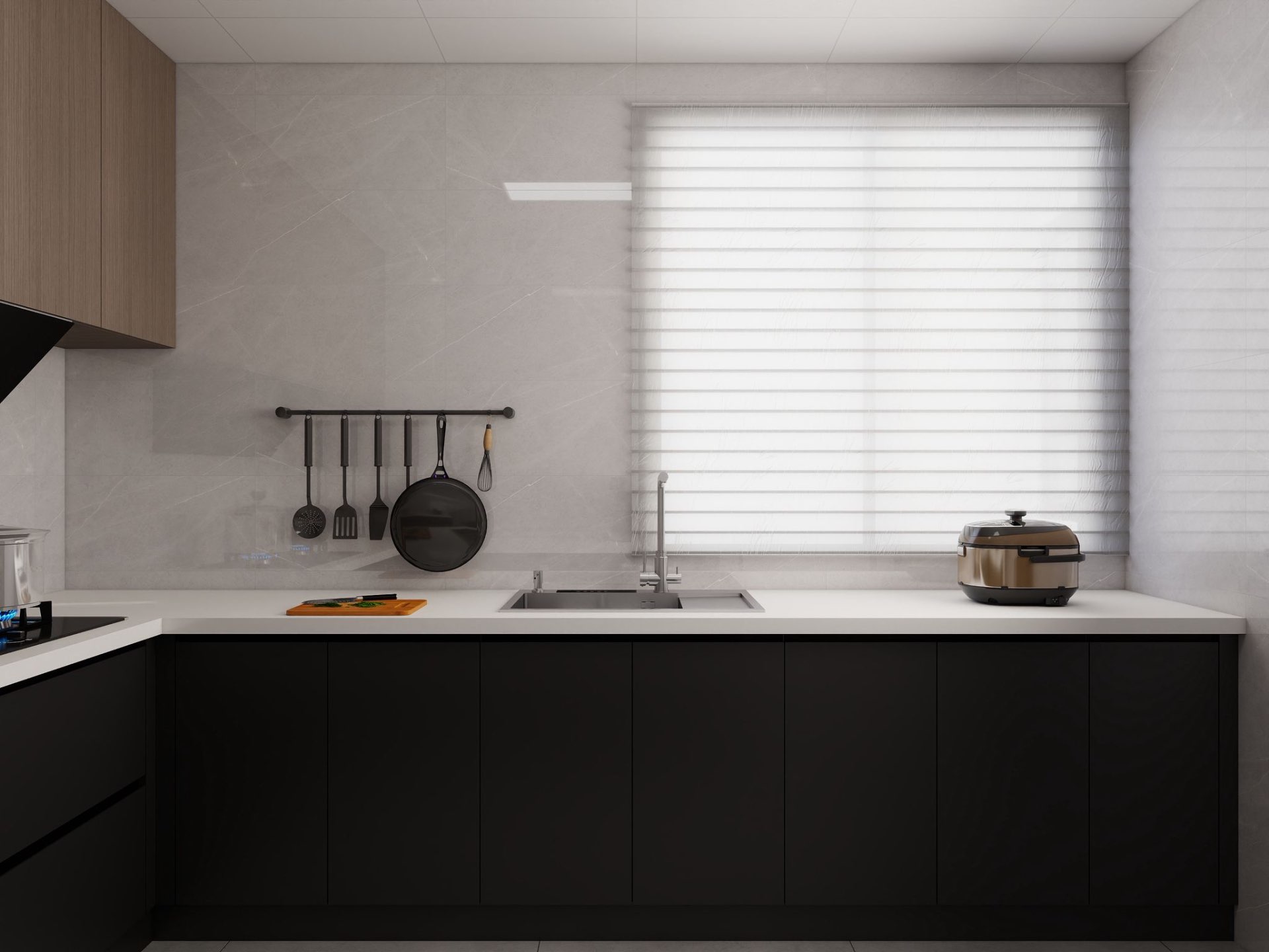 Kitchen — black cabinets, sink & window