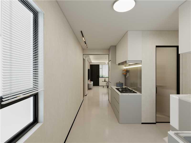Kitchen — galley view to entry hallway