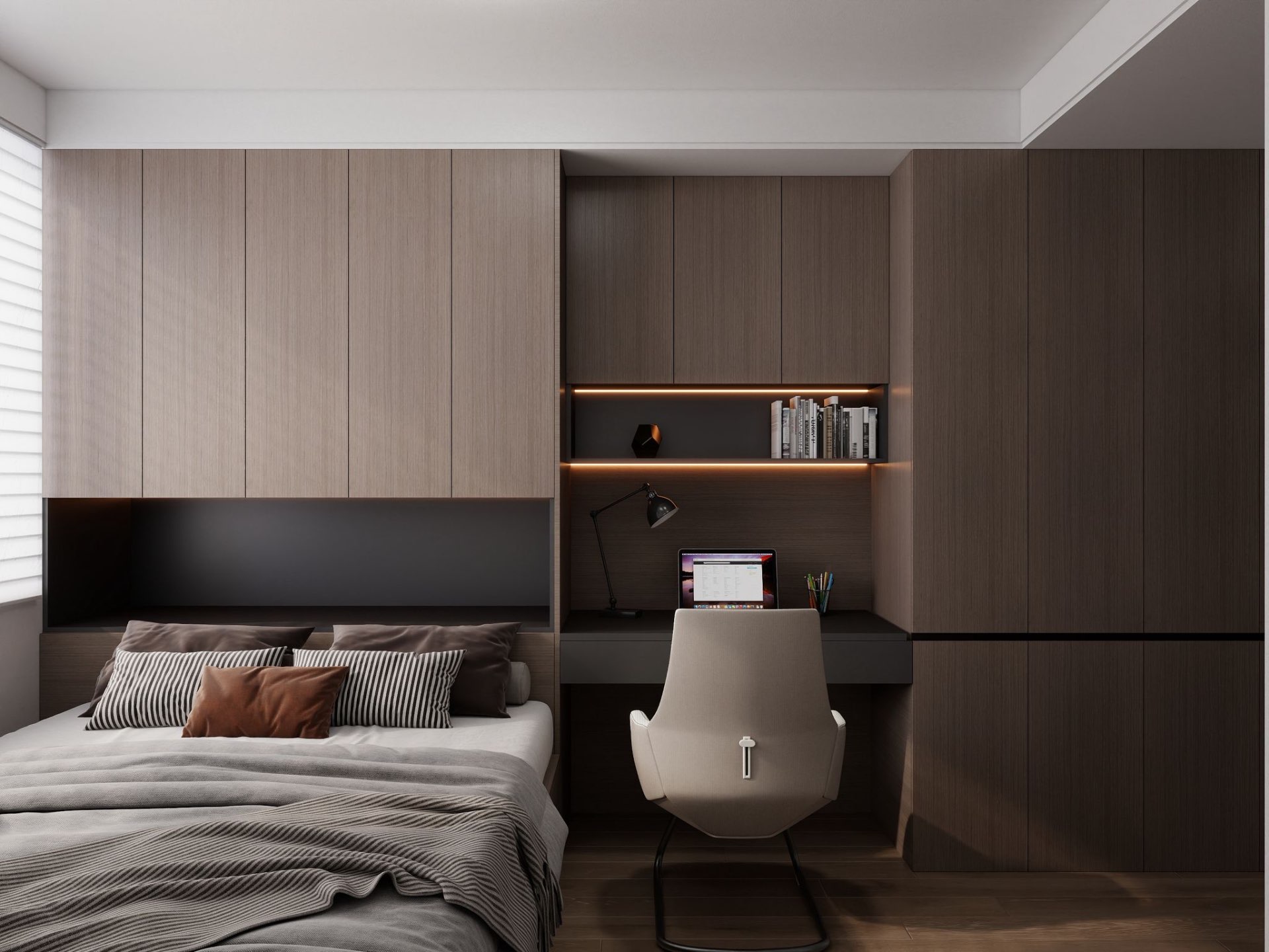 Primary bedroom — oak panelling, built-in desk & lounge chair
