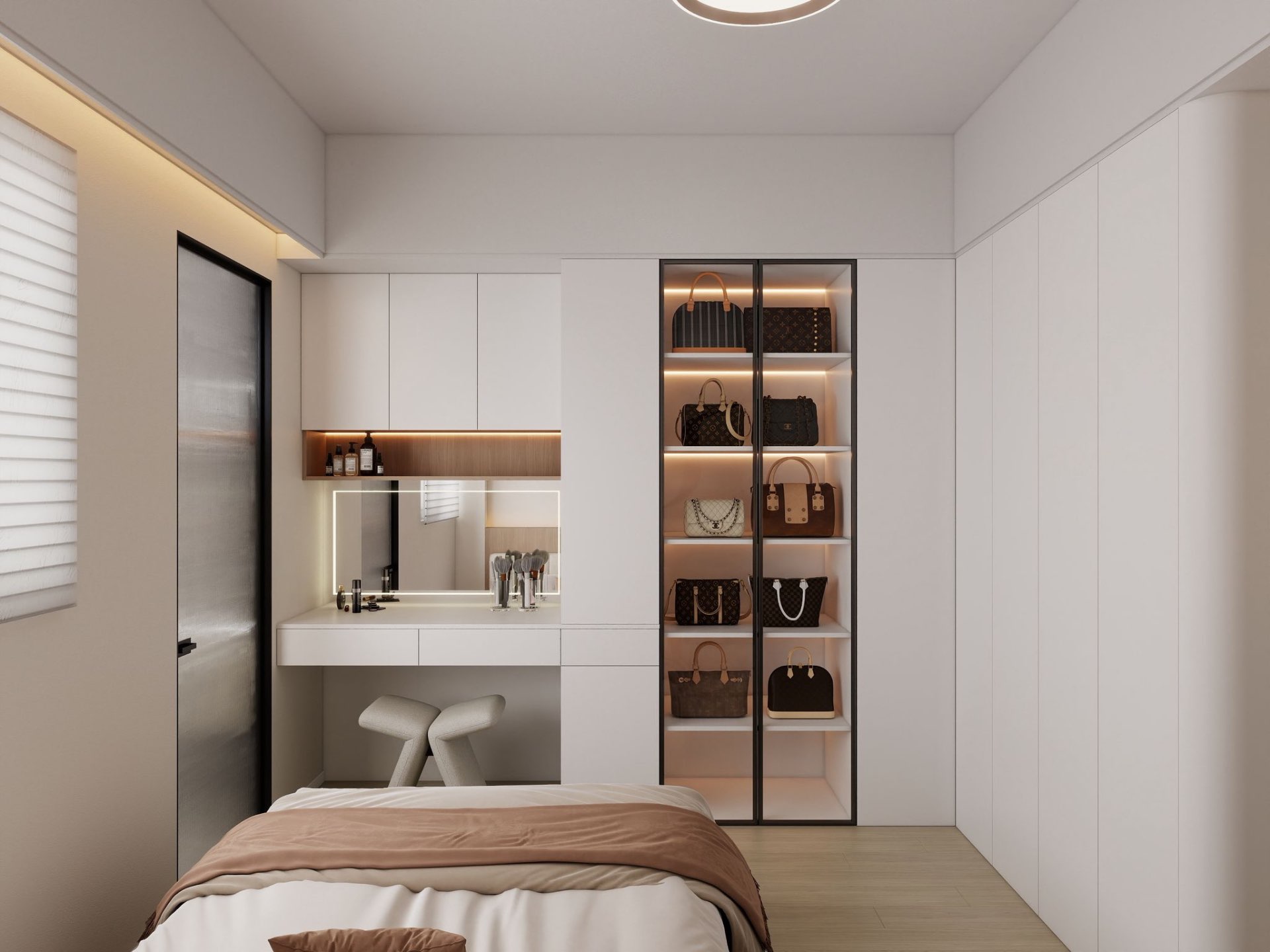 Primary bedroom — vanity & bag display cabinet
