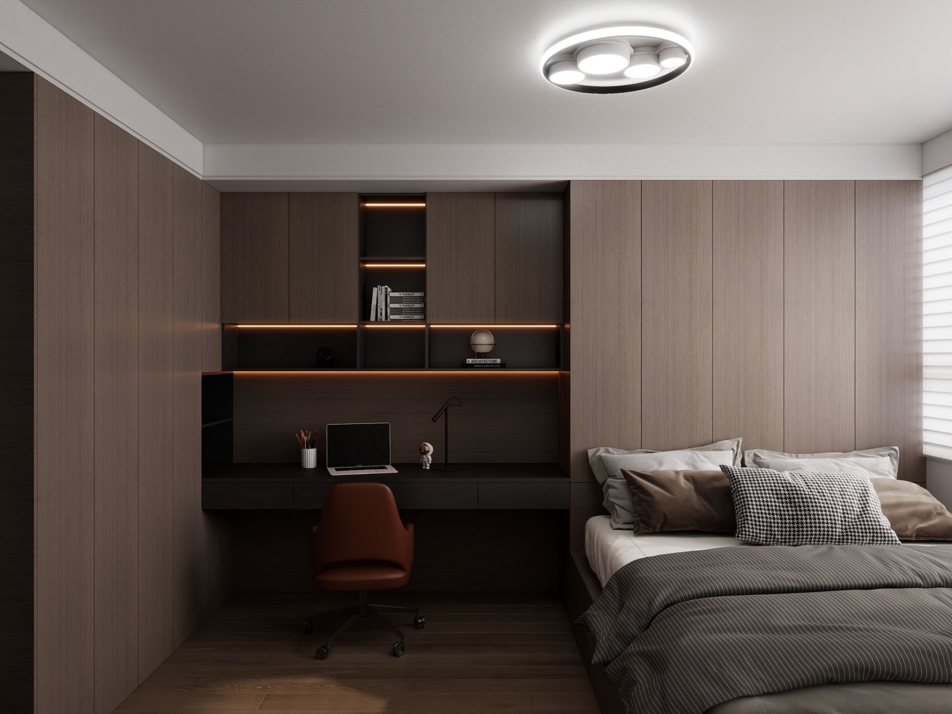 Study bedroom — bed, desk & lit display shelves