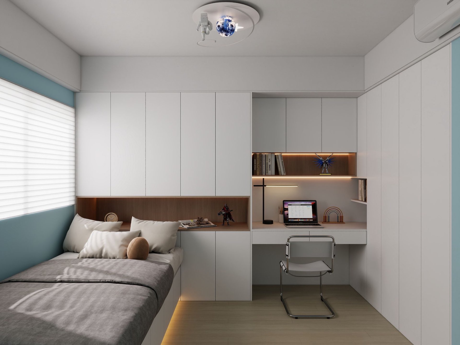 Study bedroom — single bed, desk & shelving