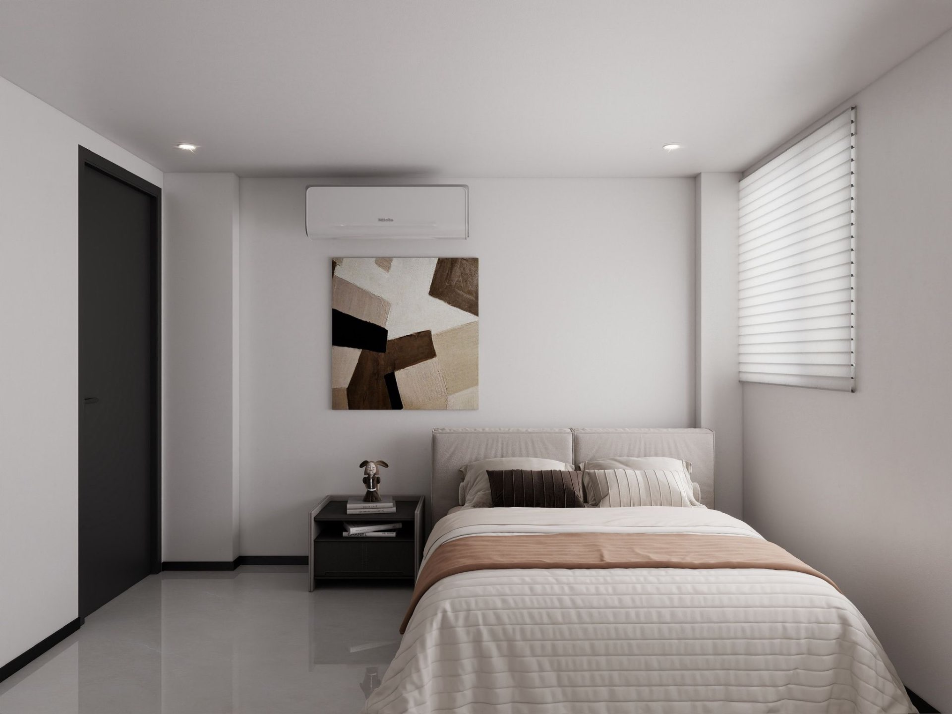 Guest bedroom — abstract art & cream linens