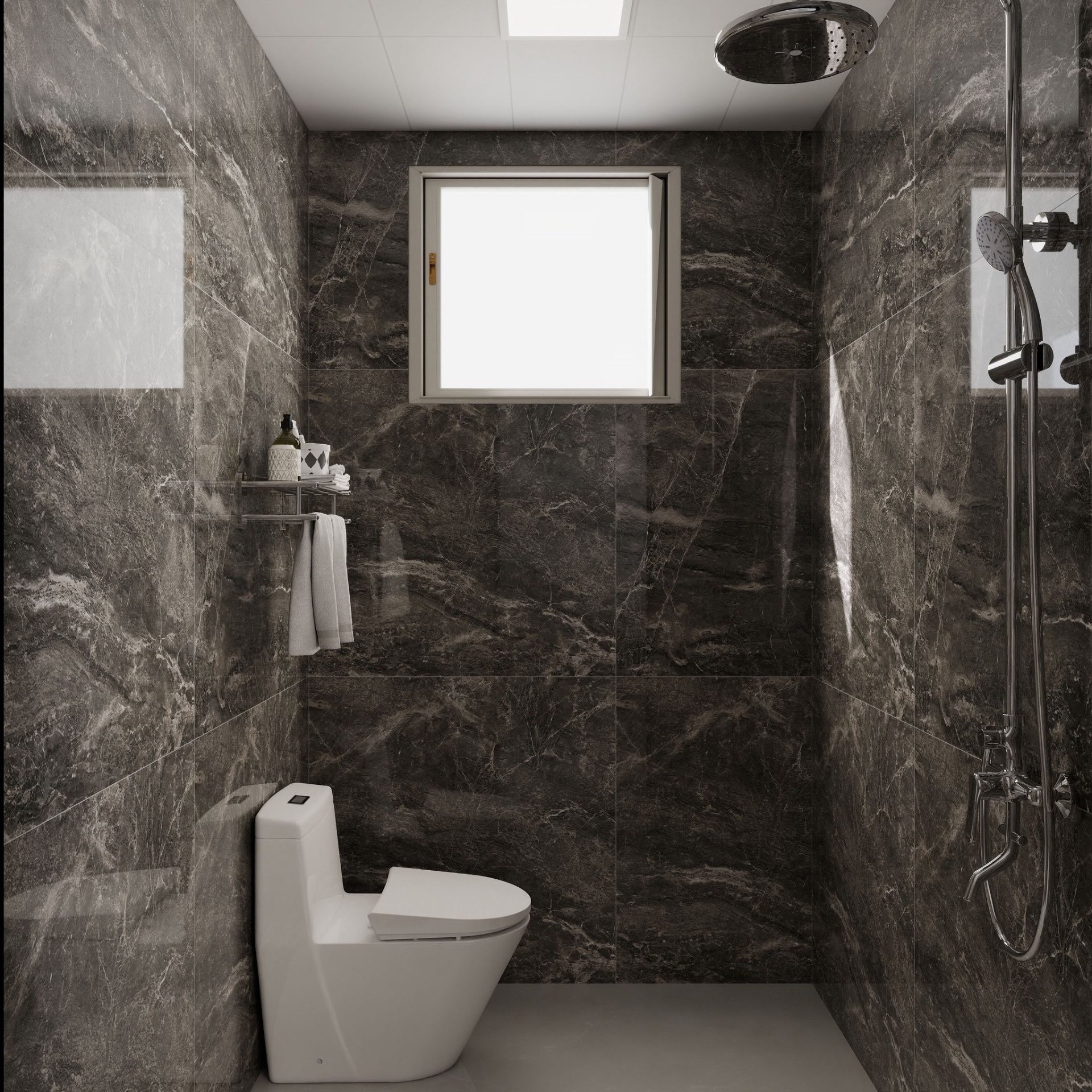 Common bath — grey marble & rain shower