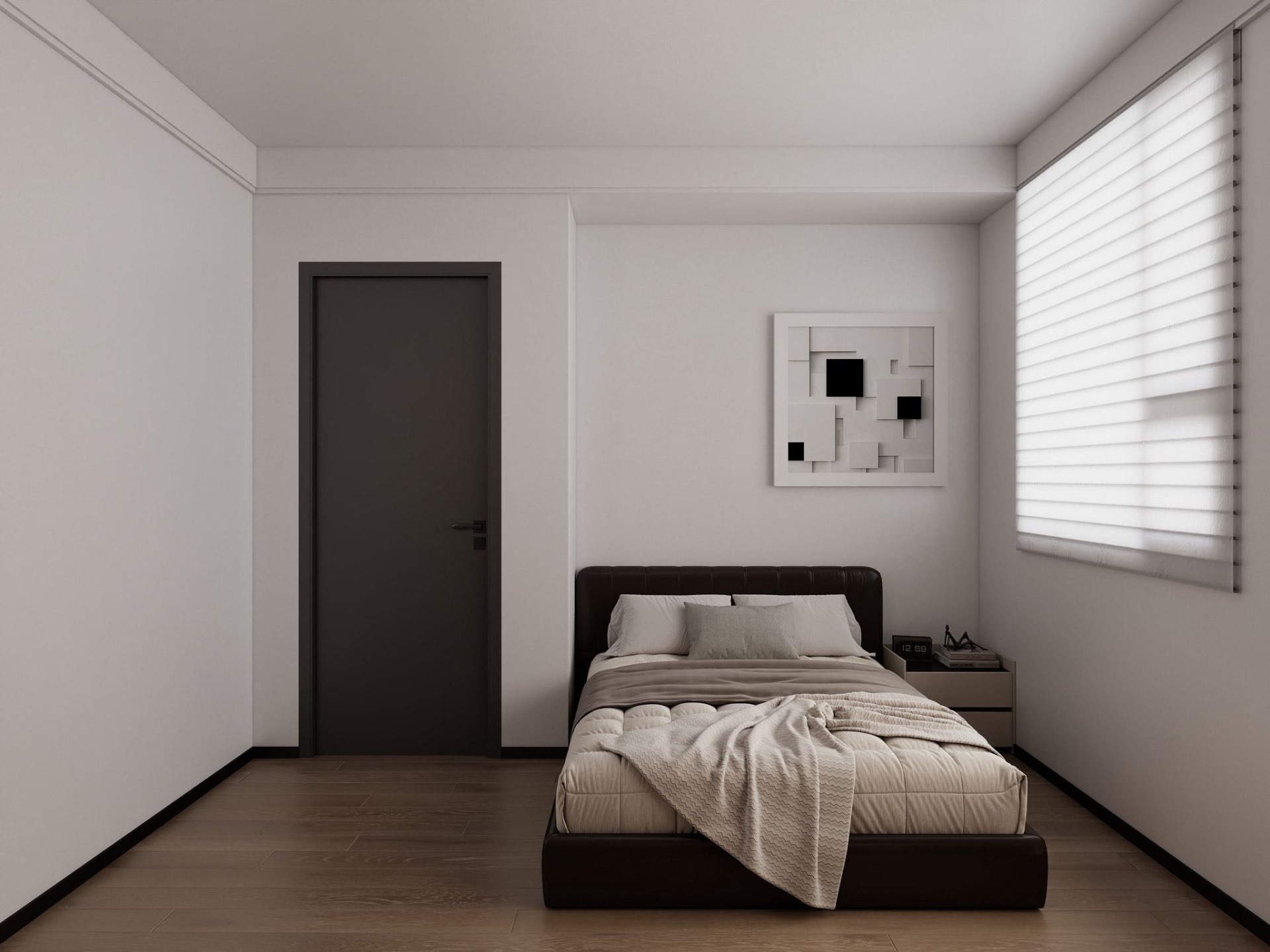 Second bedroom — leather bed & gallery art