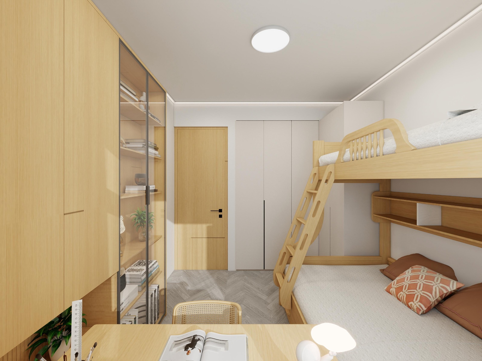 Children's room — bunk, study, storage