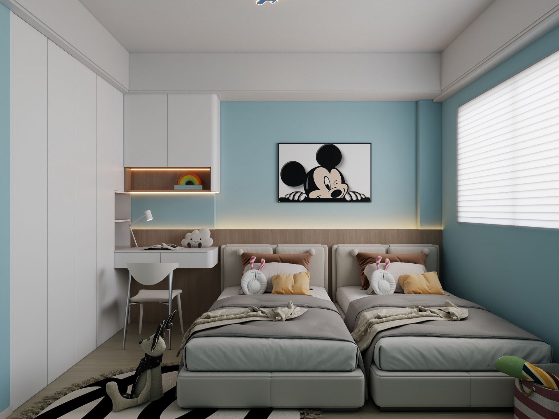 Children's room — twin beds, blue accent wall