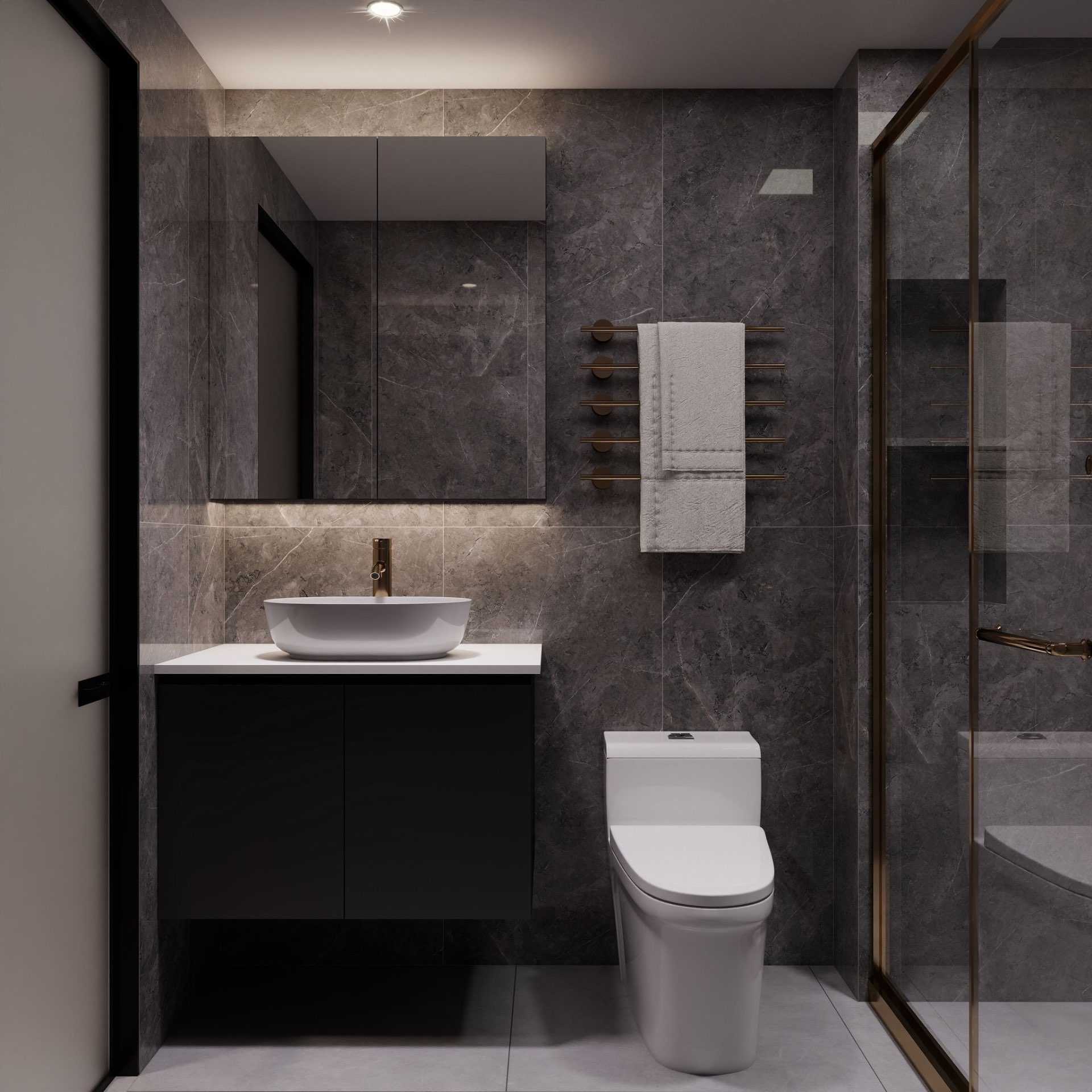 Master bath — stone tile, brass fixtures & rain shower