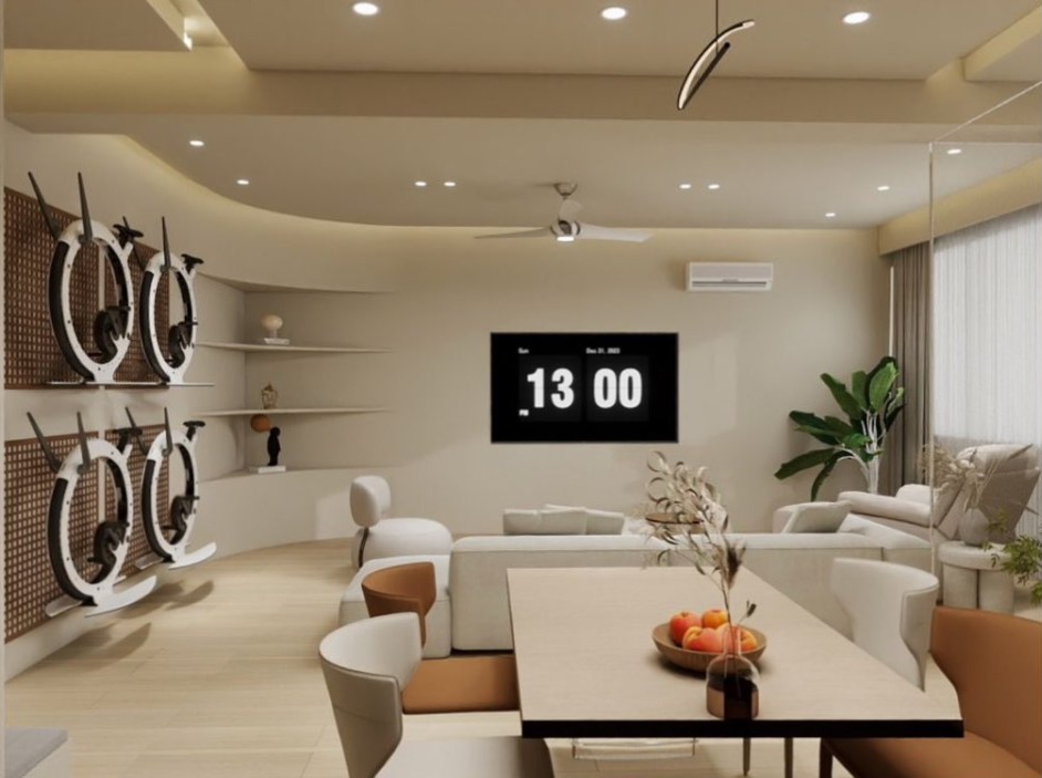 Living — feature wall, dining beyond