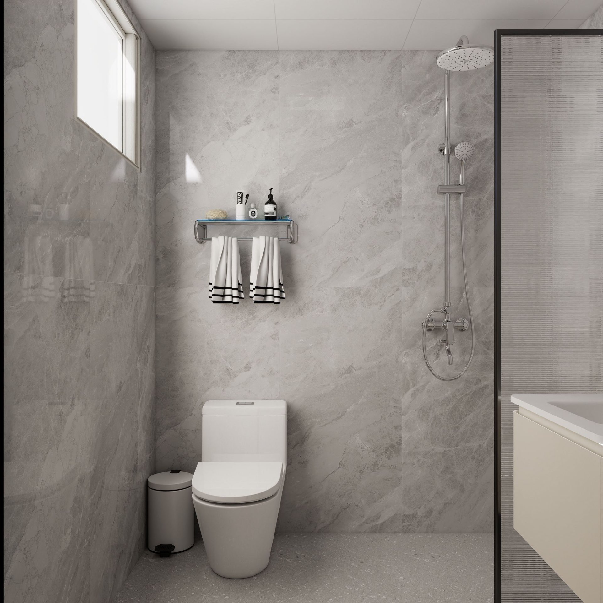 Bath — marble walls, rain shower & towel rail