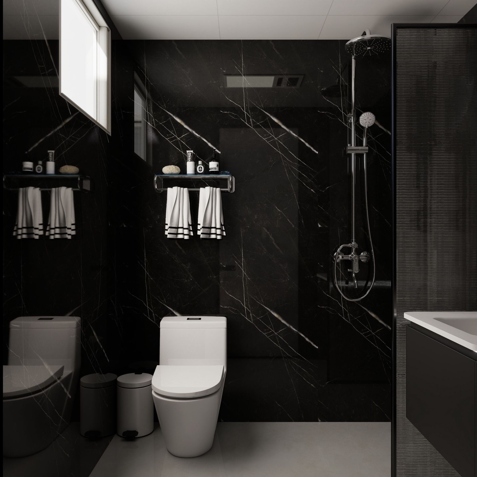 Master bath — black marble & chrome fixtures