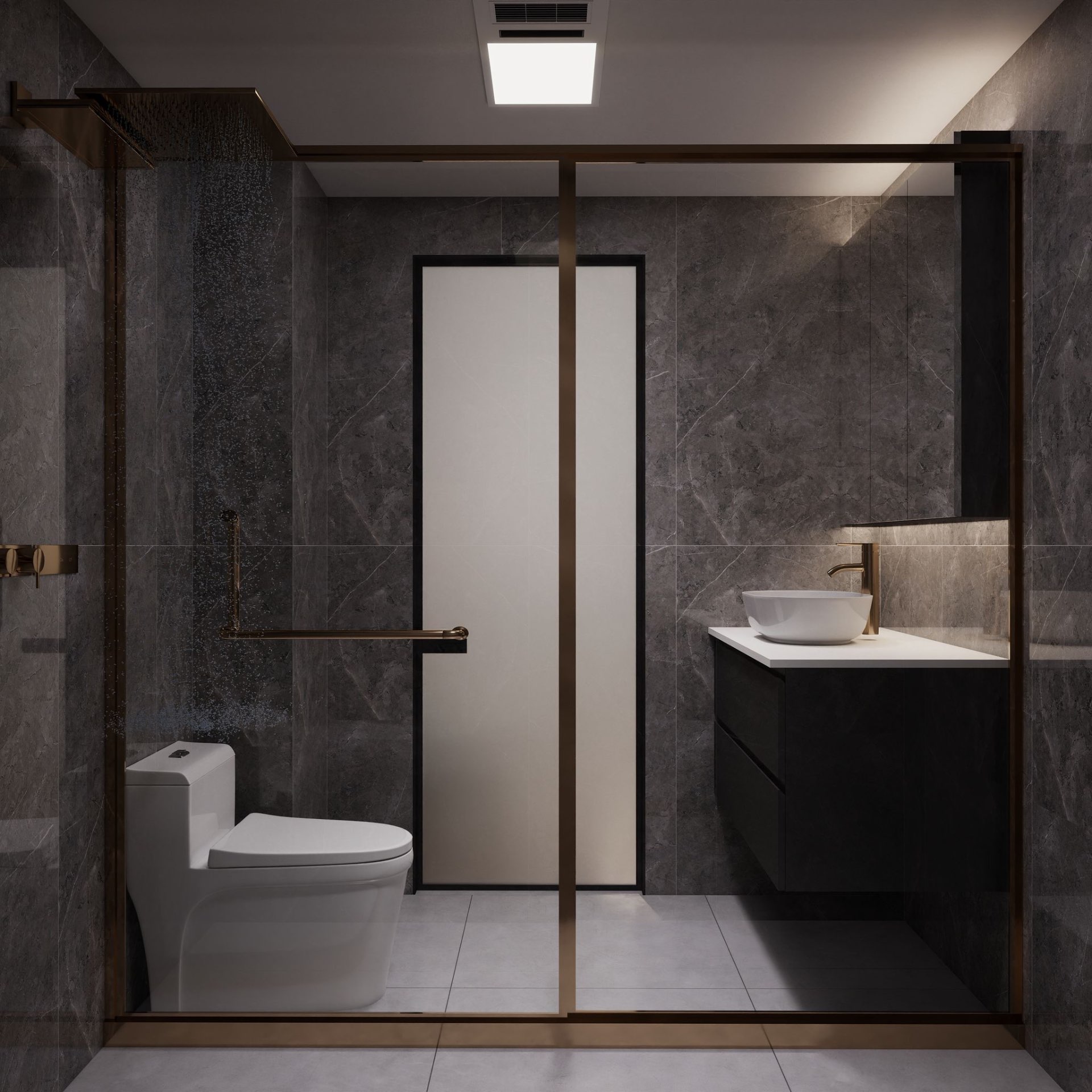 Common bath — vessel sink, towel rail & glass shower