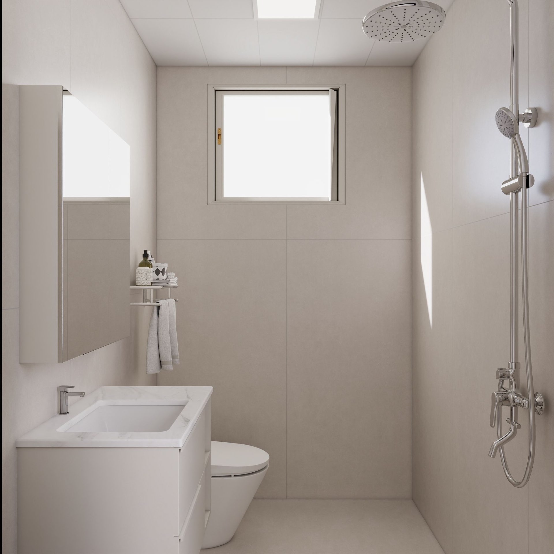 Bath — vanity, mirror & rain shower