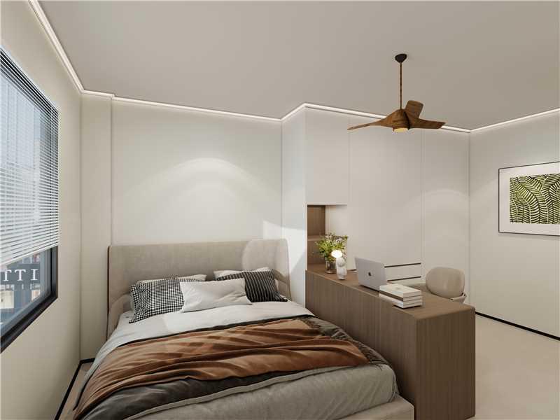 Second bedroom — bed, study desk & artwork