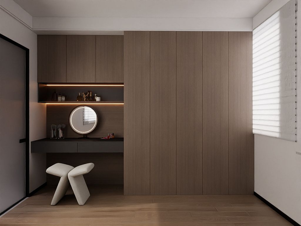 Dressing area — lit vanity, oak wardrobes & boucle stool