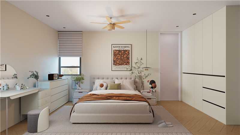 Primary bedroom — soft bed wall & dresser