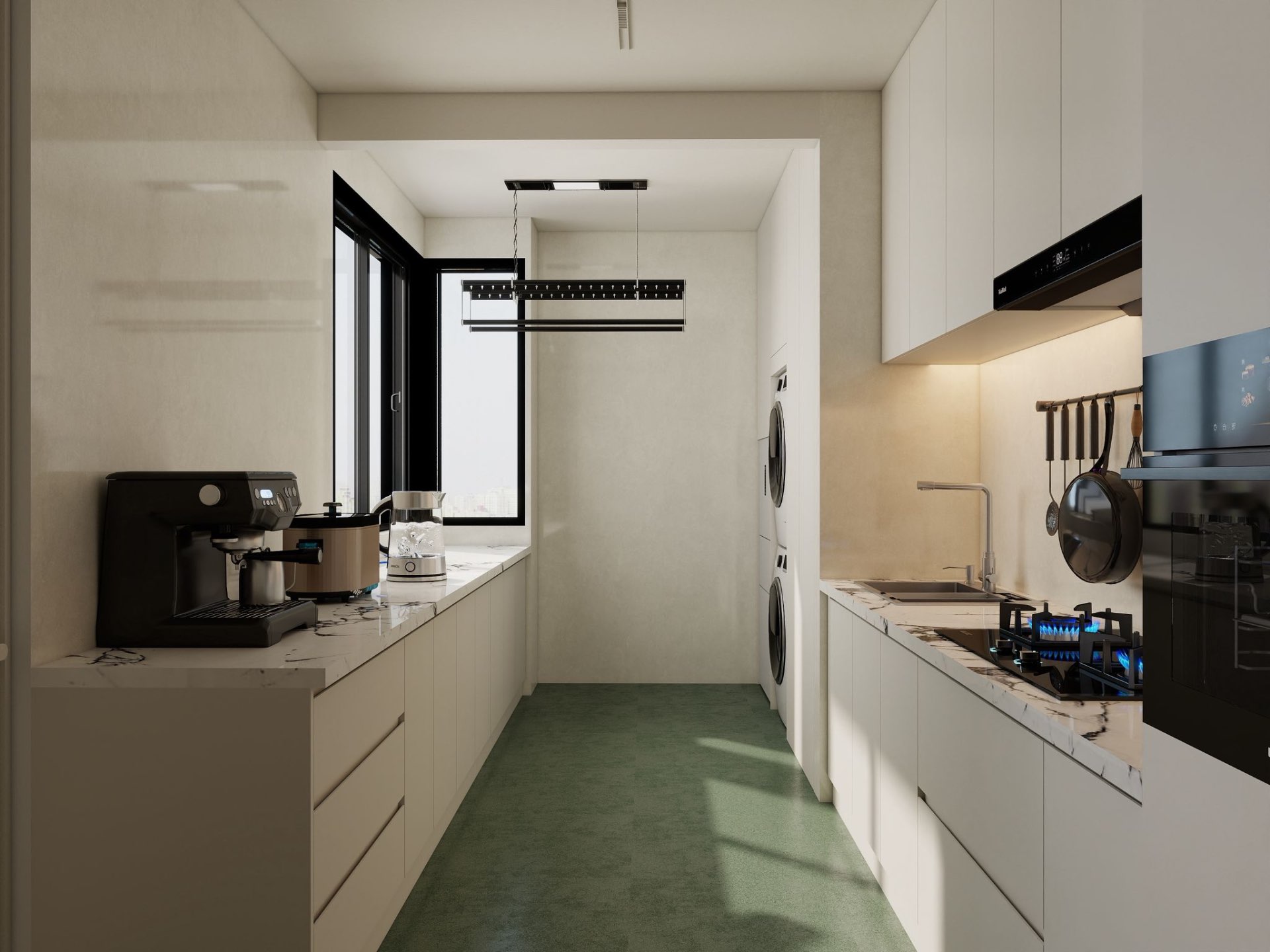 Kitchen & yard — galley with stacked laundry