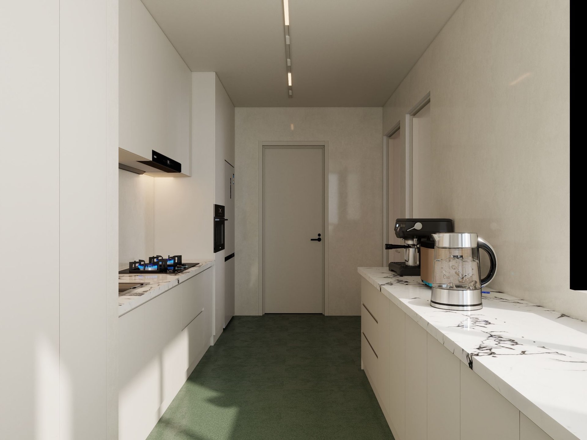 Kitchen — full galley view to service yard