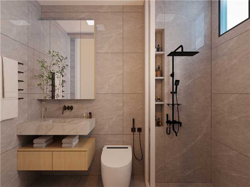 Common bath — stone vanity & black-frame shower