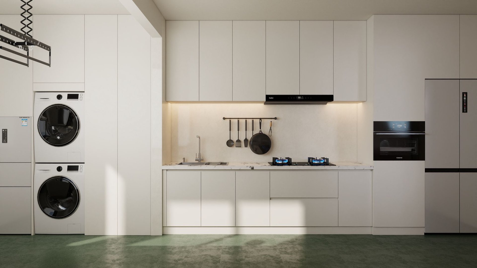 Kitchen — stacked laundry & integrated appliances