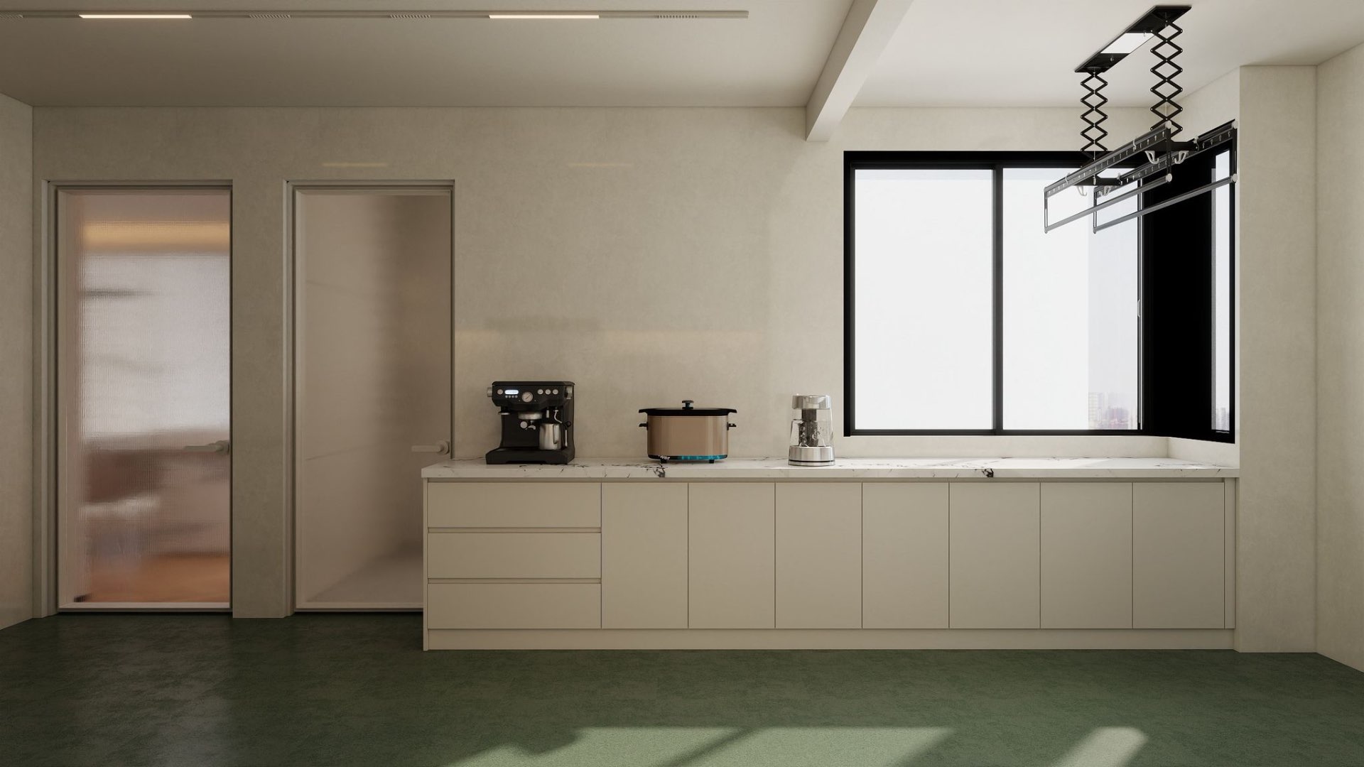 Service yard — drying rack, stone counter & window