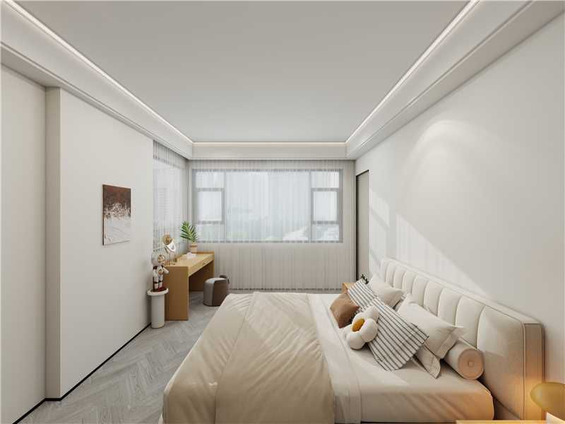 Primary bedroom — bed, desk & window